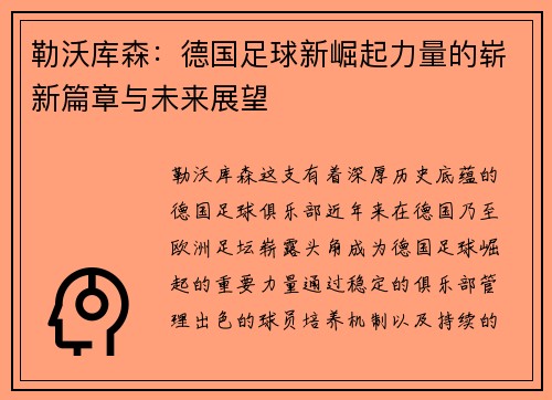 勒沃库森：德国足球新崛起力量的崭新篇章与未来展望