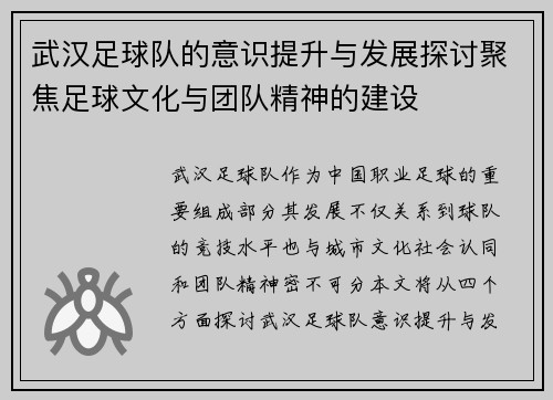 武汉足球队的意识提升与发展探讨聚焦足球文化与团队精神的建设